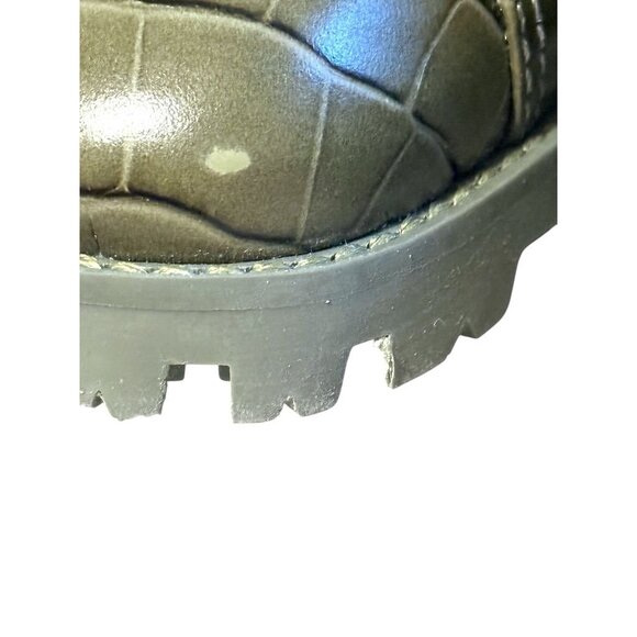 Schutz Olive Green Croc-Embossed Lace-Up Block Heel Boots W/ Burgundy Laces - 5 - Picture 7 of 9